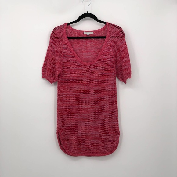 See by Chloe Blouse Rib Knit Openwork Scoop Neck Short Sleeve Curve Hem Pink 8 - Picture 1 of 9